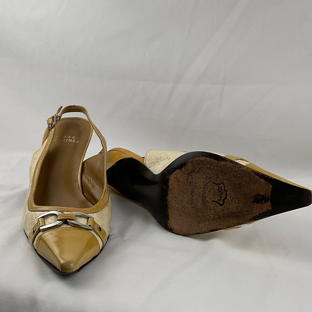 Stuart Weitzman‎ Yellow and Cream Slingback Heels - Picture 6 of 9